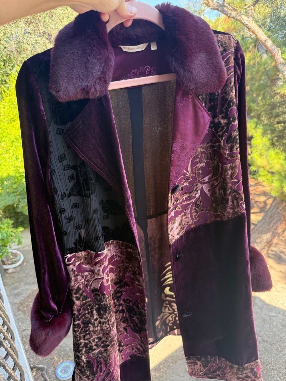 Soft Surrounding jacket velvet burn out-removable fur- plum burgundy patchwork S - Picture 9 of 17